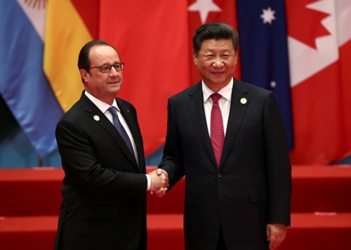 
Tổng thống Pháp Francois Hollande và Chủ tịch Trung Quốc Tập Cận Bình tại hội nghị thượng đỉnh G20. Ảnh: Reuters
