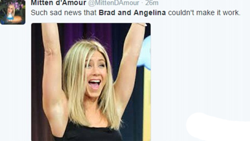 Một fan viết: Thật buồn khi Brad Pitt và Angelina Jolie không thể tiếp tục mối quan hệ, đăng kèm bức ảnh ăn mừng của Jennifer Aniston.