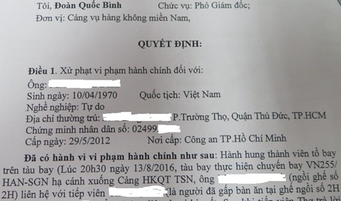 Quyết định xử phạt hành khách B. vì hành vi hành hung tiếp viênTRUNG HIẾU CHỤP LẠI