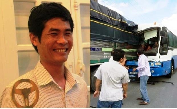T&agrave;i xế xe tải Phan Văn Bắc (tr&aacute;i) v&agrave; hiện trường vụ va chạm