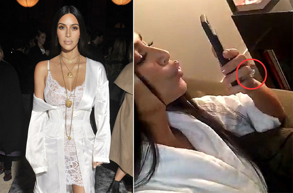 Kim vẫn còn đeo nhẫn kim cương khi đi xem show thời trang tối 2/10 và khoe trên Snapchat vài giờ trước khi bị cướp.