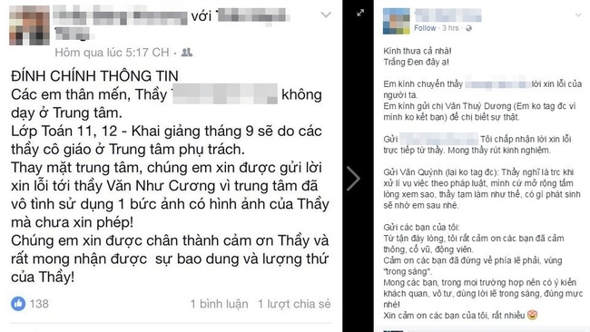 Trên trang cá nhân, thầy T. đã đăng tải thông tin đính chính lại vụ việc.