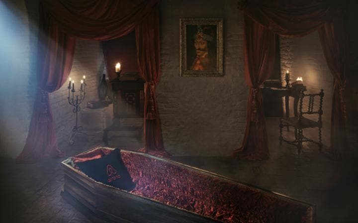 
Ngủ trong quan tài phủ nhung tím, đặc biệt yên tĩnh, của Dracula.
