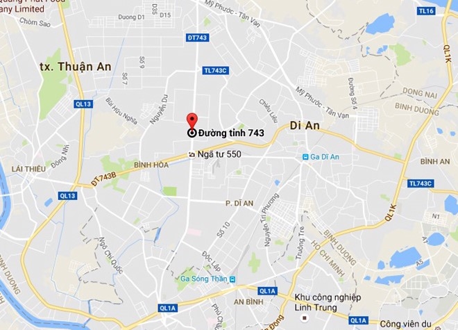 Tai nạn xảy ra trên đường ĐT 743, đoạn thuộc phường Bình Hoà, thị xã Thuận An, Bình Dương. Ảnh: Google Maps.
