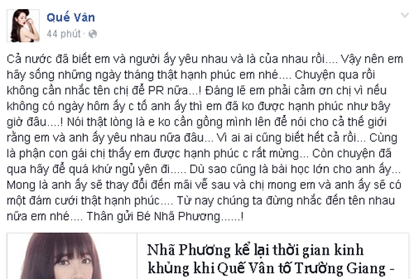 
Quế Vân thể hiện thái độ với phát ngôn của Nhã Phương.
