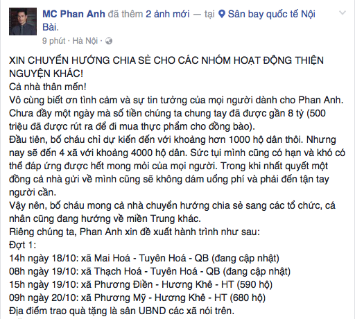 Phan Anh cập nhật tình hình cứu trợ đồng bào miền Trung trên trang facebook cá nhân. Ảnh: Chụp màn hình