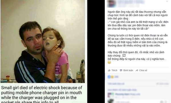 
Câu chuyện về đứa trẻ bị sốc điện do ngậm sạc pin đang sạc đang thu hút cộng đồng mạng. Ảnh Facebook
