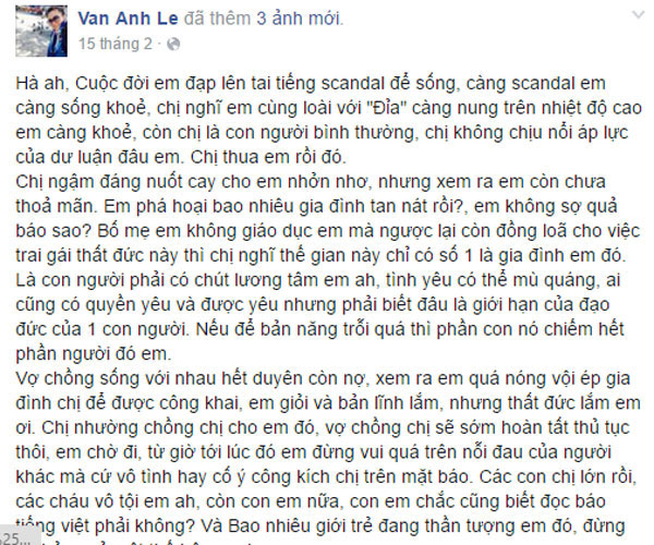 
Khi Hồ Ngọc Hà đăng những dòng tâm sự đầy tình ý của bản thân với đại gia kim cương, vợ vị đại gia này đã lên tiếng. Đây chính là hành động cao trào khiến vụ việc càng trở nên căng thẳng.
