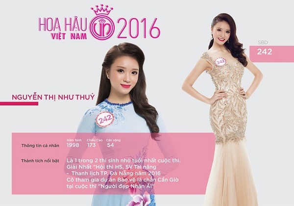 Như Thủy là một trong 2 thí sinh ít tuổi nhất Cuộc thi Hoa hậu Việt Nam 2016.