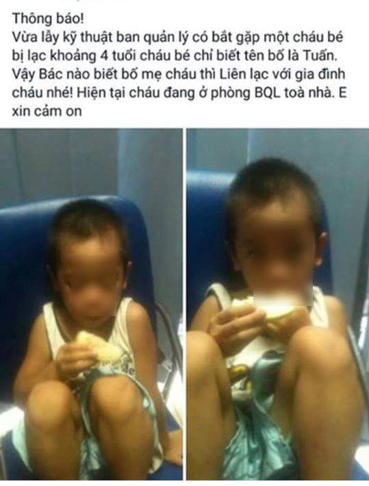 
Hình ảnh cháu bé bị lạc được đăng trên mạng xã hội faebook.

