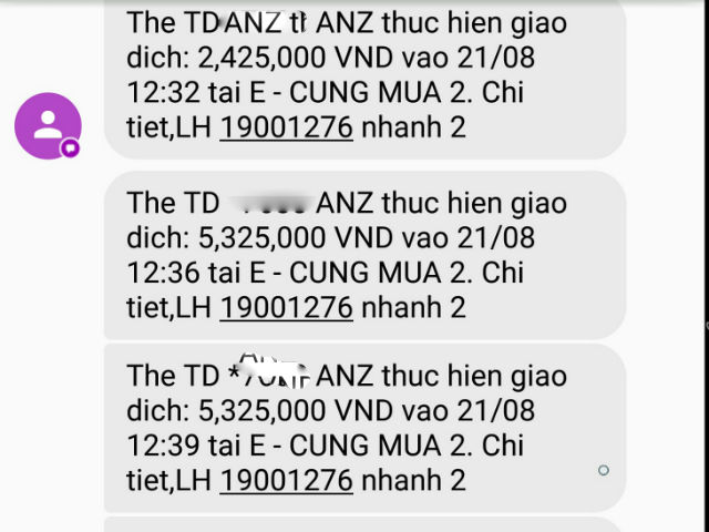 
Ngày 21/8 là anh T.Đ.A ở Hà Nội cũng nhận được 11 tin nhắn thể hiện có giao dịch với tổng giá trị là 30.997.000 đồng. Ảnh TL
