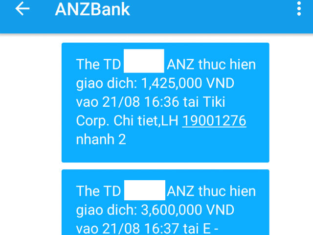 
Anh L nhận được 4 tin nhắn từ dịch vụ SMS Banking của ANZ với nội dung thông báo có giao dịch tại tiki.vn và cungmua.com. Ảnh TL
