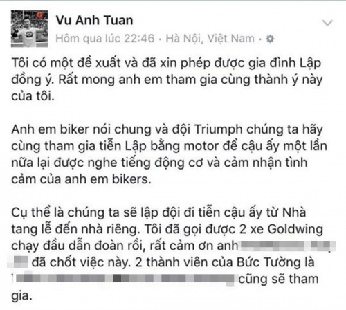 
MC Anh Tuấn chia sẻ về ý tưởng kêu gọi anh em biker tham gia tiễn đưa Trần Lập. Ảnh TL
