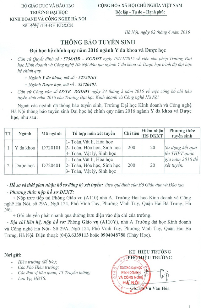 
Thông báo tuyển sinh Y, Dược của ĐH Kinh doanh và Công nghệ hà Nội.
