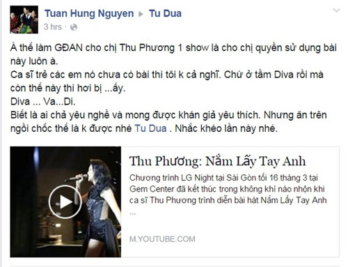 Tuấn Hưng bức xúc vì Thu Phương hát chui hits của anh.