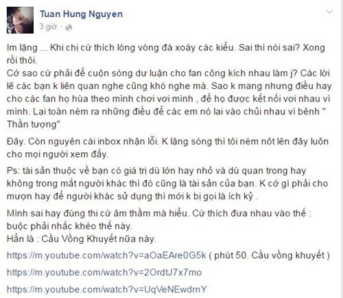 Tuấn Hưng tiếp tục đăng đàn đáp trả lần đá xoáy của đàn chị.