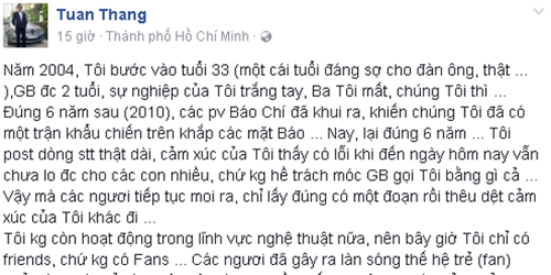 
Tuấn Thăng đau lòng và chịu nhiều áp lực khi bị suy diễn rằng anh đang trách móc con gái gọi cha bằng chú.
