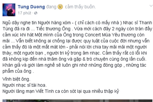 
Nam ca sĩ Tùng Dương không khỏi đau đớn khi nghe tin nhạc sĩ Thanh Tùng qua đời.

