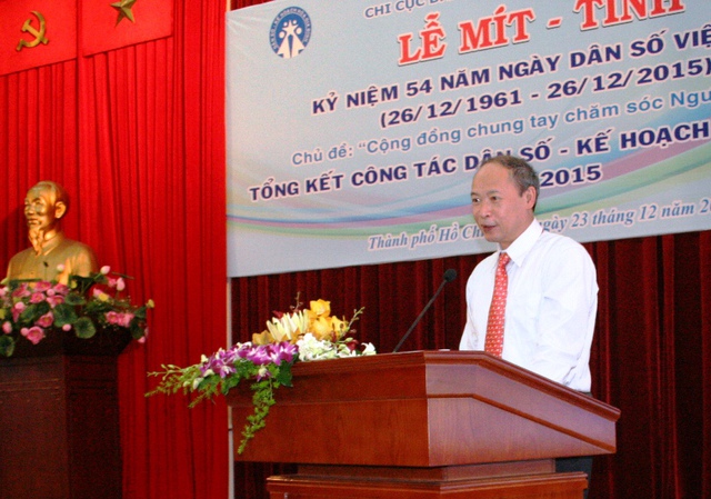 Phó Tổng cục trưởng phụ trách Nguyễn Văn Tân gửi lời chúc vui khỏe, thắng lợi đến toàn thể CB-CTV dân số TP.HCM nhân dịp mít tinh kỷ niệm Ngày Dân số Việt Nam.