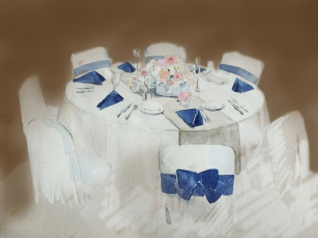 Phác thảo bàn tiệc được trang trí nhẹ nhàng, thanh bình với gam màu xanh và trắng như mong ước về biển khơi của cô dâu.