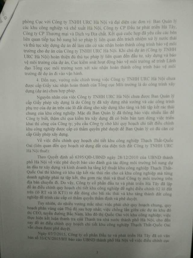 
Văn bản của BQL các khu công nghiệp và chế xuất Hà Nội cho thấy sai phạm của URC Hà Nội
