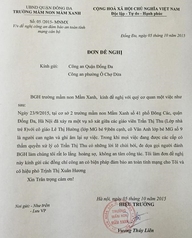 Văn bản bà Liên, Hiệu trưởng trường gửi cơ quan công an đề nghị đảm bảo an toàn tính mạng vì sự đe dọa của cô giáo Thu