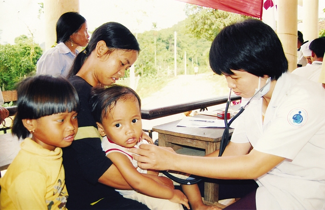 Các bác sĩ trong đoàn Thầy thuốc tình nguyện khám bệnh miễn phí cho trẻ em tại Đắk Lắk. 	Ảnh: Dương Ngọc