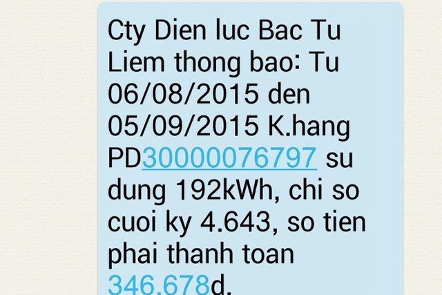 Chị Giang phản ánh việc không dùng điện nhưng vẫn nhận được tin nhắn báo chỉ số tiêu thụ và số tiền phải đóng của Điện lực Bắc Từ Liêm. (Ảnh chụp màn hình)