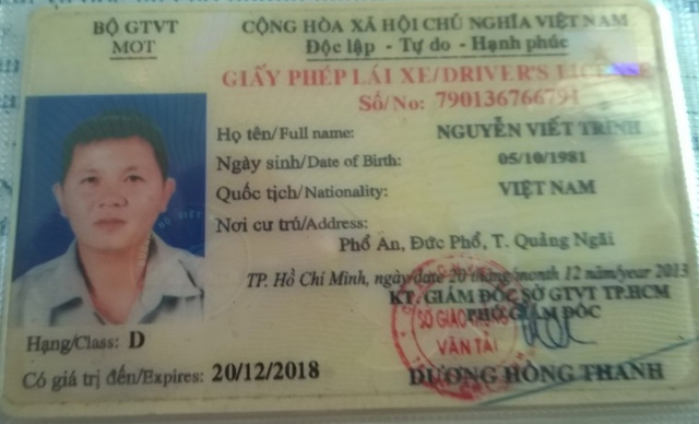 GPLX giả mà tài xế Nguyễn Viết Trình mua ở TP.Hồ Chí Minh với giá 5 triệu đồng để hành nghề. Ảnh Đức Hoàng