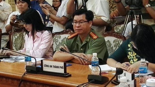 
Trung tá Nguyễn Quang Thắng tại cuộc họp báo chiều 24/3 tại UBND TP.
