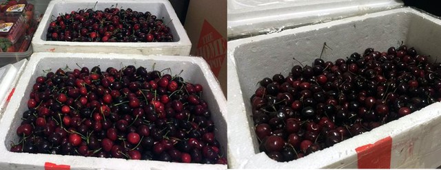 
Thùng cherry đầy (ảnh phải) vơi mất 1/3 (ảnh trái). Ảnh FBNV
