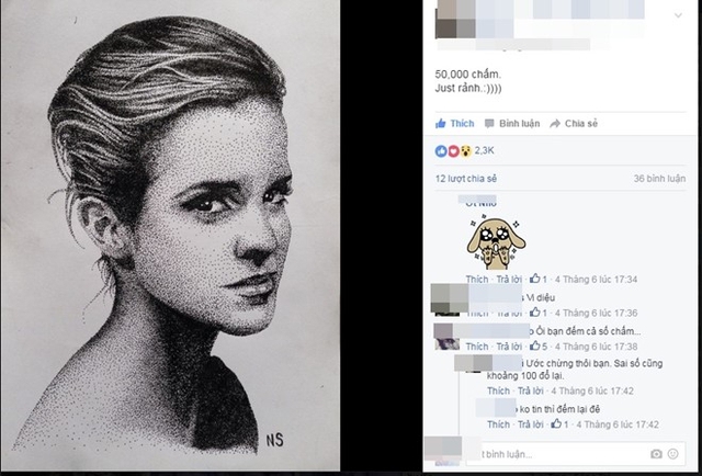 Nữ diễn viên Emma Watson sống động với 50.000 chấm li ti trên giấy. Ảnh chụp màn hình.