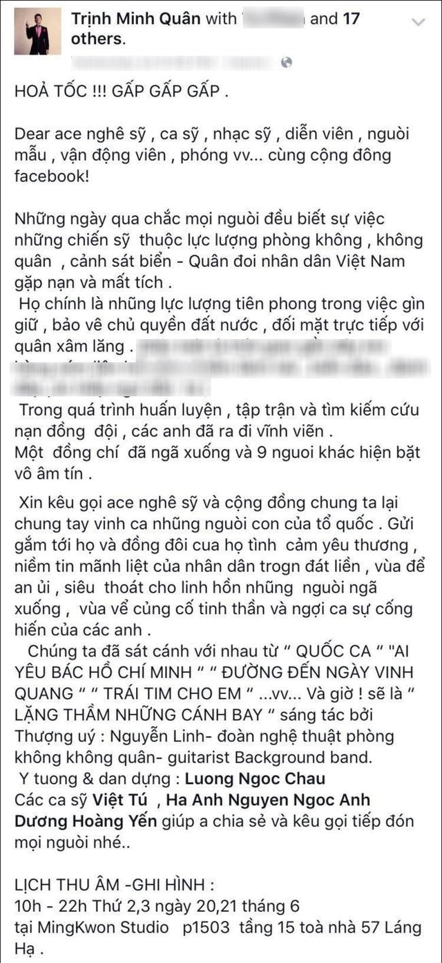 Lời kêu gọi của ca sĩ Minh Quân trên trang cá nhân.