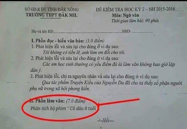 Đề thi gây xôn xao dự luận trên mạng xã hội.