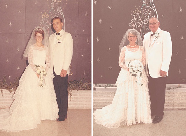 
Hai ông bà chụp hình kỷ niệm 45 năm ngày cưới tại cùng một địa điểm, vẫn bộ váy cô dâu thướt tha và bộ vest chú rể trắng tinh. Tình cảm của họ không hề suy chuyển sau từng ấy năm chung sống.
