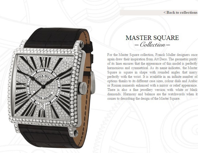 Được biết đây là một thiết kế nằm trong bộ sưu tập cao cấp Master Square, của hãng đồng hồ nổi tiếng Franck Muller.
