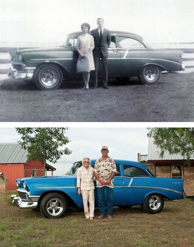 
Dường như không có bất kì sự thay đổi nào giữa hai bức ảnh. Thậm chí chiếc xe cũng theo họ từ khi còn trẻ tới lúc về già!
