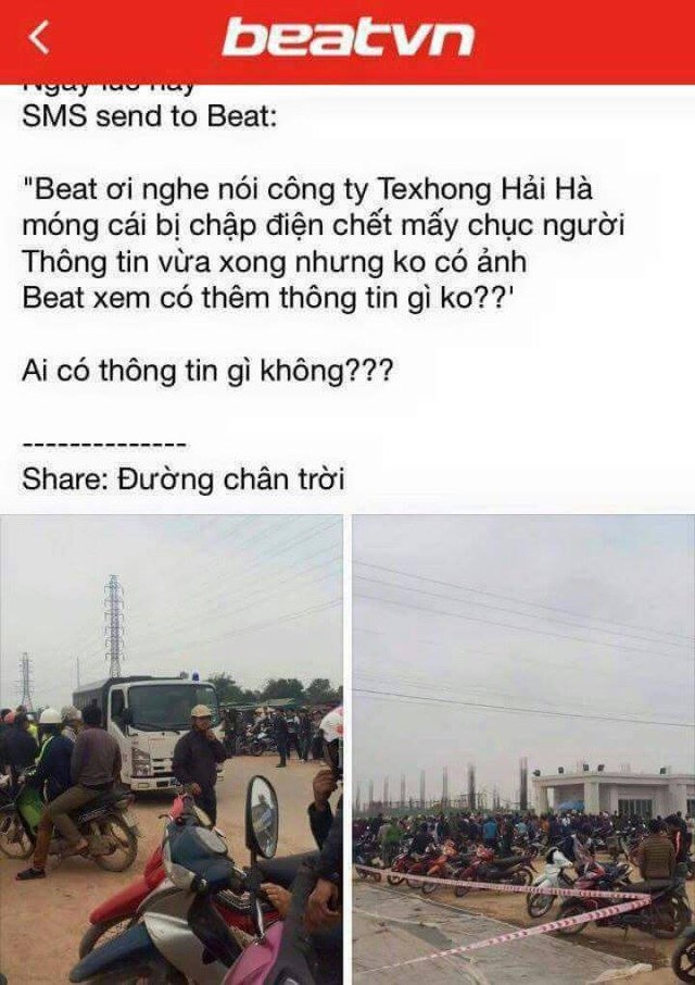 
Tin đồn điện giật tại KCN Texhong Hải Hà đã làm náo loạn khu vực. Ảnh: Facebook
