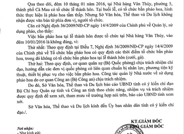 Công văn của Sở Văn hóa - Thể thao và Du lịch tỉnh Cà Mau. Ảnh: Việt Tường.