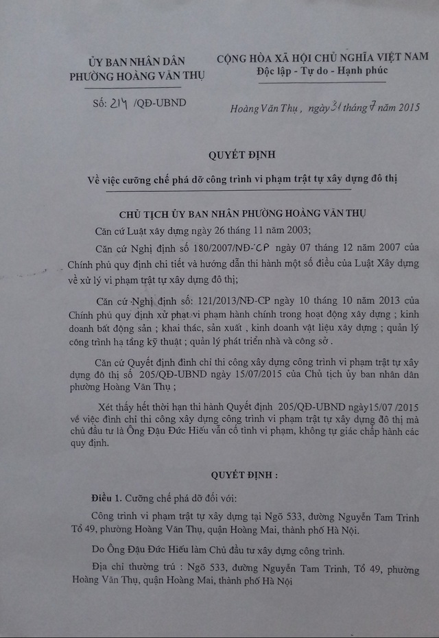
Quyết định cưỡng chế, phá dỡ công trình sai phép của UBND phường Hoàng Văn Thụ vẫn chỉ nằm trên giấy
