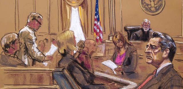
Hình vẽ minh họa chủ tịch bồi thẩm đoàn đọc phán quyết có tội hay không trong một phiên tòa ở Mỹ Ảnh: The Atlantic
