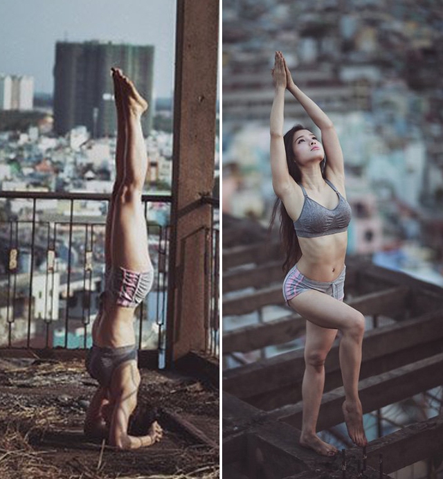 
Diễn viên Phương Trinh Jolie cũng có thân hình khá chuẩn khi thể hiện các động tác yoga khó. Cô còn táo bạo hơn khi tung hình ảnh tạo dáng yoga ở địa hình phức tạp và mạo hiểm.
