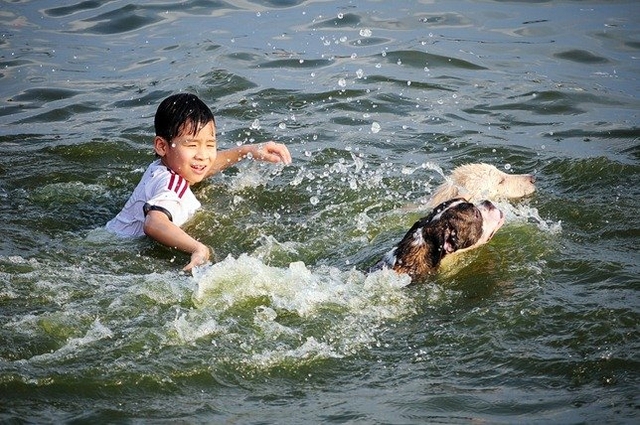 Những em nhỏ cũng được gia đình cho ra bãi tắm này để tập bơi, vui chơi giải nhiệt.