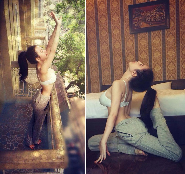 
Ngược lại, Angela Phương Trinh lại chăm chỉ tập yoga tại phòng riêng. “Bà mẹ nhí” cũng thể hiện động tác để khoe độ dẻo dai cùng đường cong quyến rũ.
