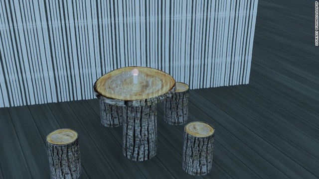 
Bàn ghế trong nhà hàng làm từ thân cây gỗ mộc.
