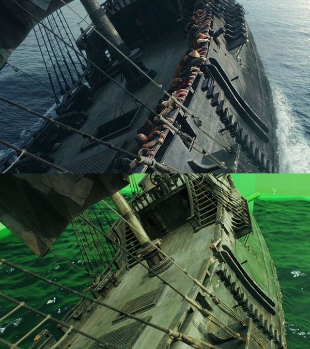 
Con tàu hiên ngang đi giữa đại dương trong Cướp biển vùng Caribbean lúc lên màn ảnh (ảnh trên) và thực tế.
