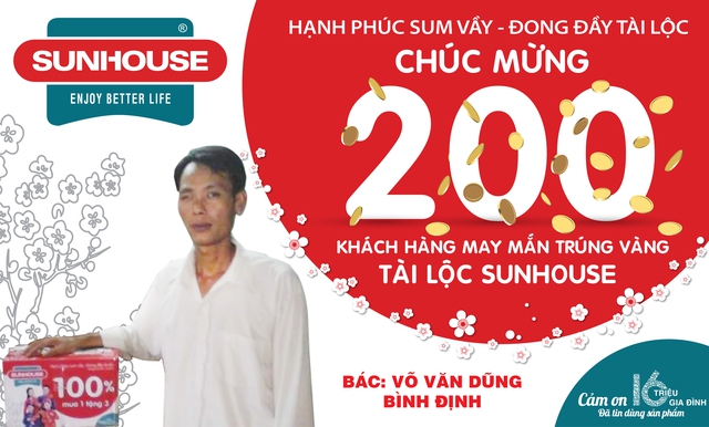 
Anh Võ Văn Dũng (Bình Định) may mắn là một trong những khách hàng đầu tiên trúng vàng Tài – Lộc SUNHOUSE 9999.
