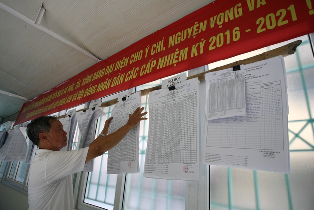Ông Trần Ngọc Diệm, Trưởng Ban bầu cử khu vực bỏ phiếu số 8 phường Ô Chợ Dừa (quận Đống Đa, Hà Nội) kiểm tra danh sách cử tri. Ảnh: Chí Cường