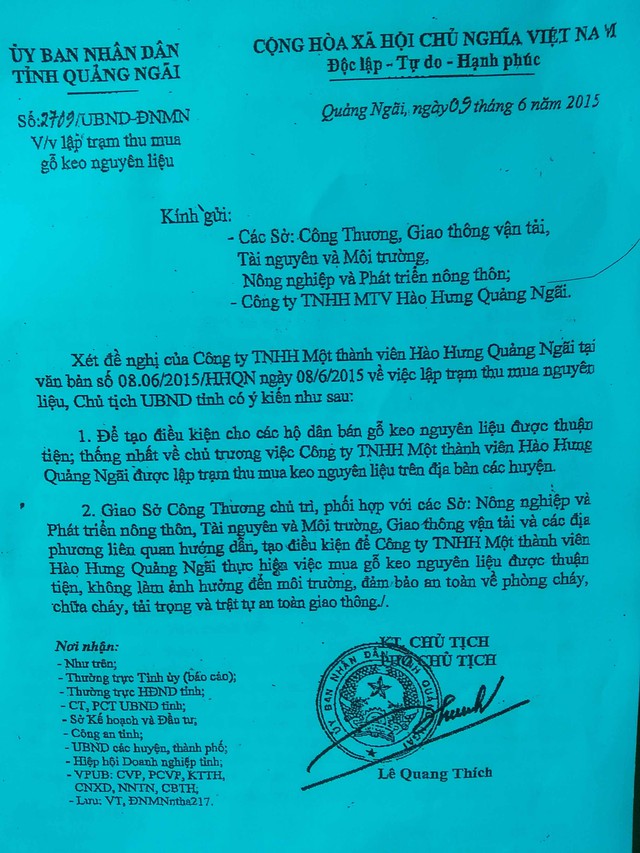 
Công văn đồng ý của UBND tỉnh Quảng Ngãi cho Cty Hào Hưng mở trạm thu mua keo nguyên liệu. Ảnh: Đức Hoàng
