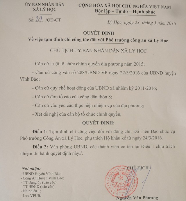 
UBND xã Lý Học ra Quyết định tạm đình chỉ công tác đối với anh Đạo để phục vụ công tác điều tra. Ảnh: Đ.Tuỳ
